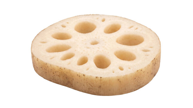 Slice of lotus root with distinctive pattern on a transparent background