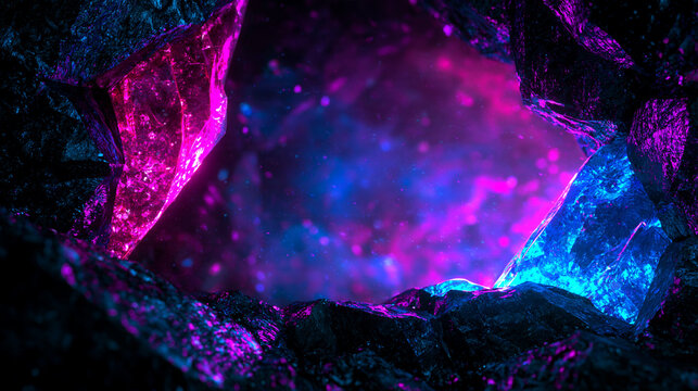 Editorial fashion background with fractured crystal cavern and neon mineral glow copy space