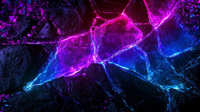 Editorial fashion background with fractured crystal cavern and neon mineral glow copy space