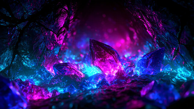 Editorial fashion background with fractured crystal cavern and neon mineral glow copy space