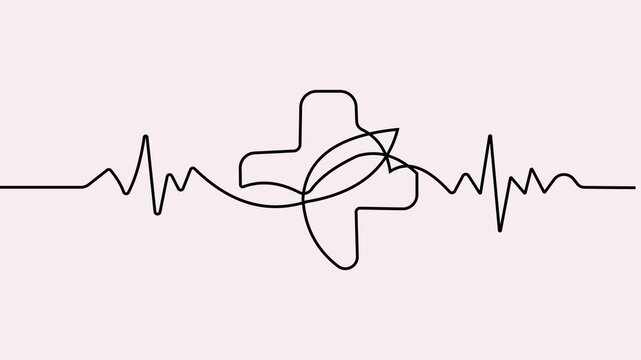 Abstract single line representing a heartbeat and a leaf shape on a pale pink background