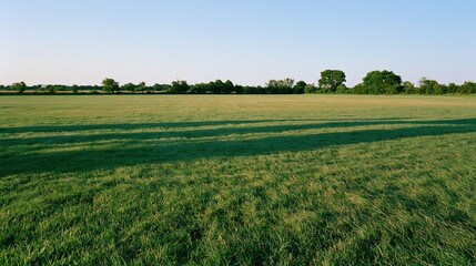 Naklejka premium Open grass field stretching to a distant treeline under a clear sky