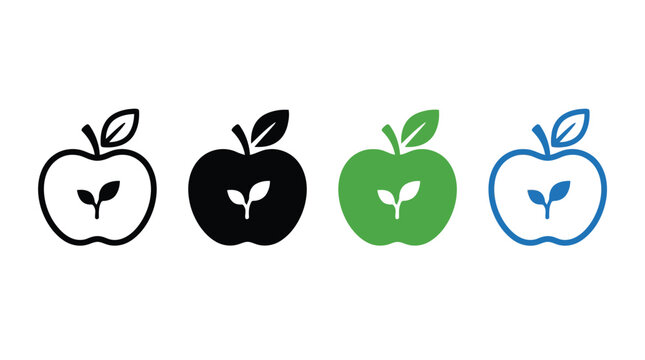 Four colorful apple icons with leaf and heart shapes inside