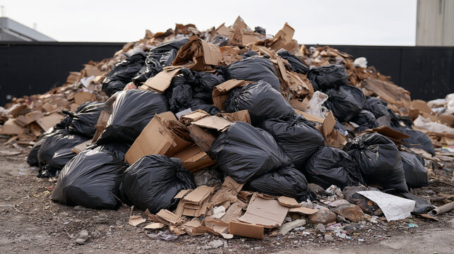 Heap of Trash Bags Rises Above Flattened Boxes and Debris