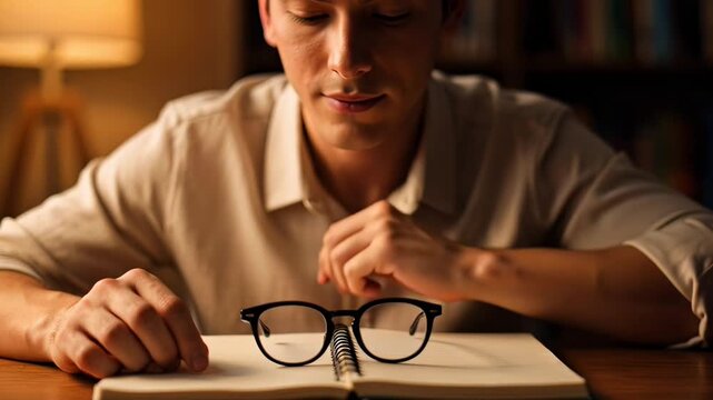 ?Man adjusts glasses while writing in notebook at desk in cozy evening ambience