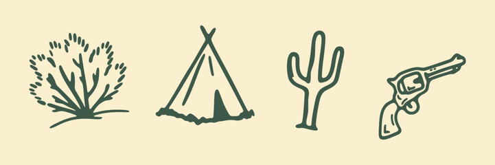 Wild West Camping Hand Drawn Doodle Icon Set. Desert Camping And Survival Sketch Symbol Collection. Outdoor Adventure And Western Stories. Isolated Vector Illustration © sweet_mellow