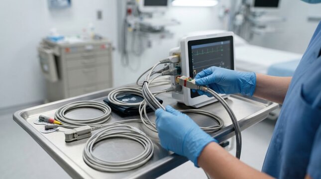 clinic monitor equipment preparation Medical technician preparing cables and equipment in a hospital intensive care unit