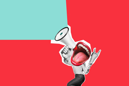 Flat design art. Stylish trendy collage of modern art. Crazy celebrate, announce, information - big mouth screams in megaphone.