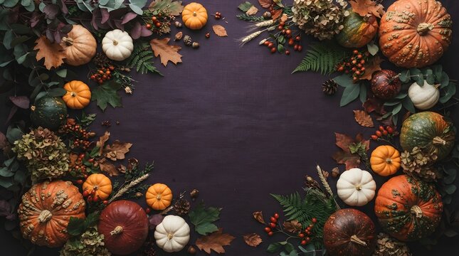 A beautifully arranged flat lay featuring a festive halloween pumpkin border with autumnal flowers and foliage creating a warm and inviting seasonal aesthetic for holiday