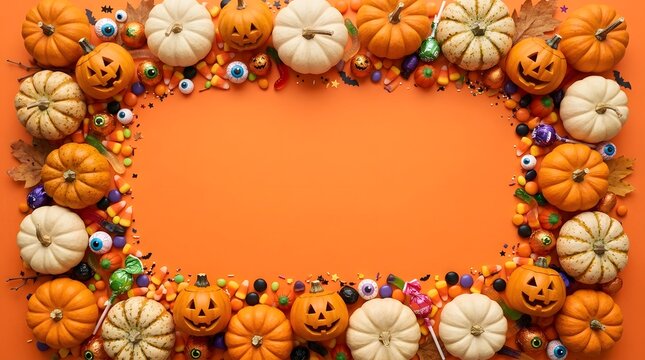 A delightful and festive halloween scene showcases a vibrant orange background beautifully framed by a charming border of various pumpkins gourds and spooky treats creating