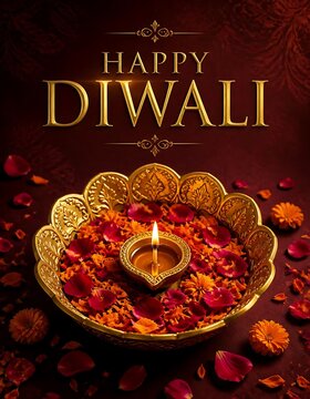 Diwali festival greeting card with golden bowl diya lamp and marigold