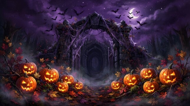 A spooky and enchanting halloween scene featuring a grand castle silhouetted against a full moon surrounded by a vibrant border of illuminated jack o' lanterns