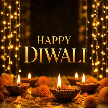 Happy Diwali greeting card with glowing oil lamps and marigold