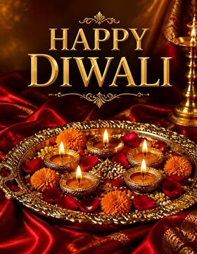 Happy Diwali greeting card with golden diya lamps and marigold