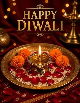 Diwali festival greeting with glowing diya lamp brass thali marigold