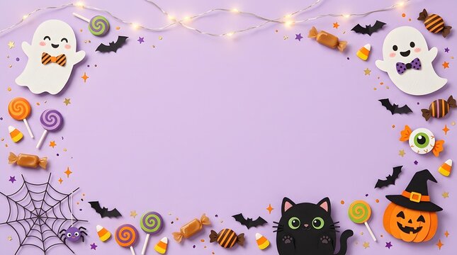 A delightful halloween border featuring pumpkins ghosts bats and black cats perfect for invitations decorations or spooky themed designs creating a festive and whimsical atmosphere