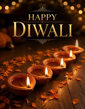 Five glowing clay diya lamps arranged for diwali festival celebration