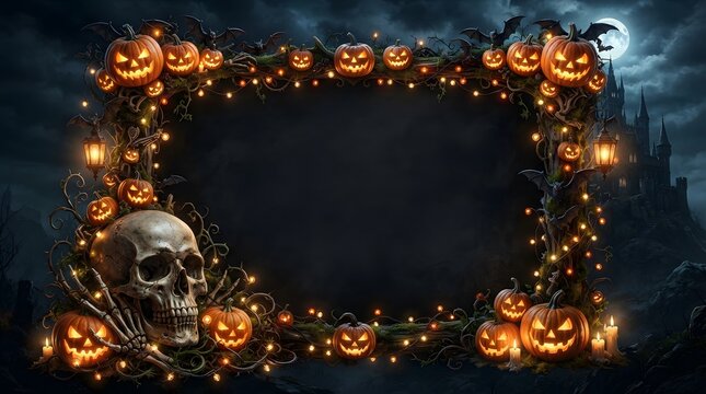 Spooky halloween pumpkin border with skull and dark castle background for festive decorations