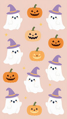 Obraz premium Cute Kawaii Halloween Mobile Wallpaper with Little Ghosts