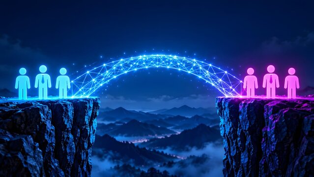 Glowing digital bridge connecting two cliffs with human icons illustrating corporate merger and global network communication