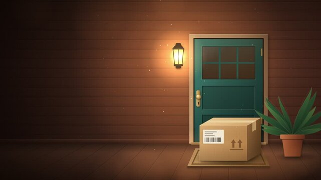 Cardboard Package Arriving at Warm Doorstep with Copy Space