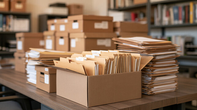Archive Room Table Crowded with Files and Storage Cartons