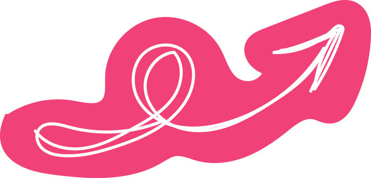 Pink abstract shape with white curved line arrow, suggesting movement and progress