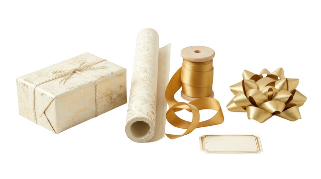 Gift wrapping supplies including paper roll, gold ribbon, bow, and gift tag isolated on transparent background