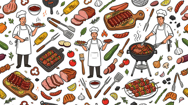 Barbecue party doodle pattern vector elements set with bbq chef grill meat steak ribs skewers sausages and kitchen utensil tools illustration