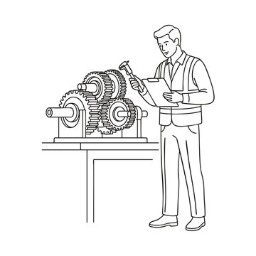 Detailed technical linear diagram of engineer analyzing industrial engine failure, concept for root cause troubleshooting, quality improvement, and systematic diagnostic processes