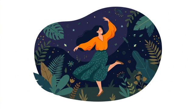 Woman dancing outdoors at night in nature with starry sky and tropical leaves