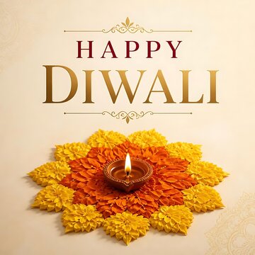 Happy diwali greeting card with glowing diya lamp and orange yellow