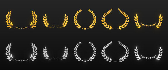 Fototapeta premium Elegant gold and silver laurel wreath collection. Realistic awards emblem illustrations with stars and glowing decorative details on dark background for winners and champions. Vector frames set.