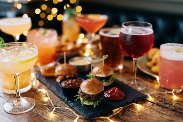 Fototapeta premium The Festive Spread of Cocktails and Sliders on a Warm Wooden Table