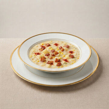 Delicious creamy potato, corn, and bacon soup sprinkled with paprika &ndash; New England-style sweet corn soup - Corn Chowder