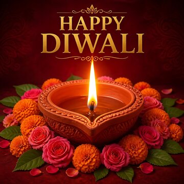 Happy diwali greeting card with glowing clay diya lamp surrounded by