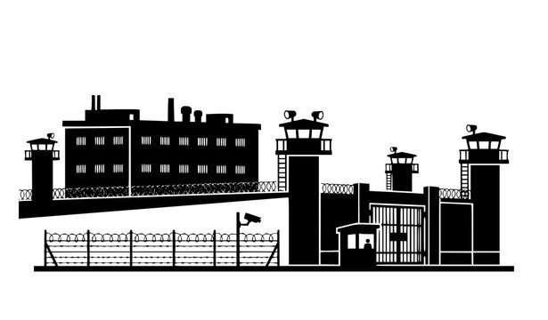 Secure prison facility jail building watchtower black white flat vector illustration