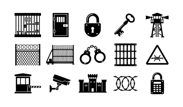 Minimal jail prison security symbols flat black white vector icon collection