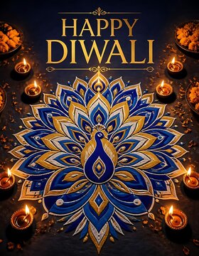 Happy diwali greeting card with peacock rangoli design and glowing