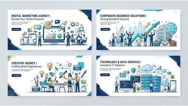 Modern website header banner vector line art set for digital marketing agency and corporate business landing page