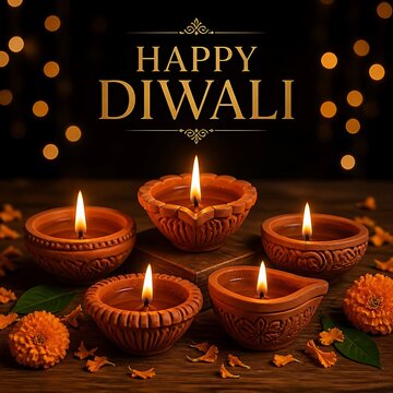 Diwali festival greeting card with traditional clay oil lamps and