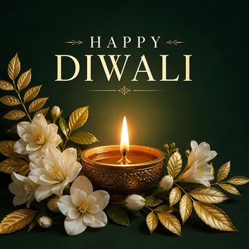 Happy Diwali greeting card with glowing diya oil lamp and white