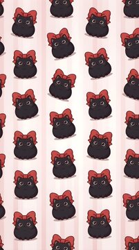 Adorable seamless pattern featuring black cat heads with red ribbon bows on a soft striped pink background. Perfect for textile print, kids wallpaper, greeting cards, and packaging.