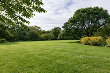 Naklejka premium The Expansive Park Lawn Surrounded by Lush Trees, Bright Flowers, and Open Sky