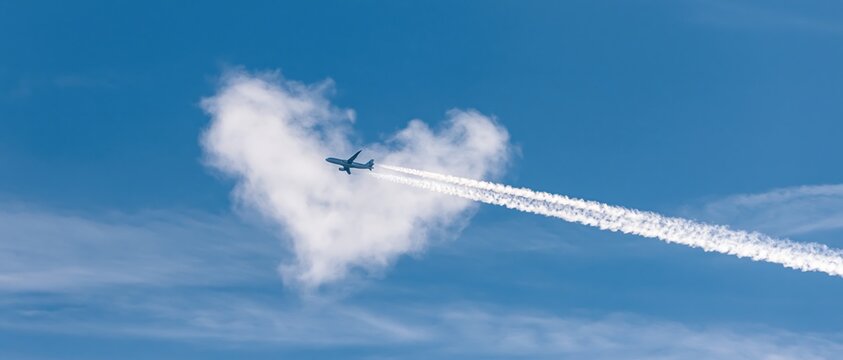 Airplane flying away from heart-shaped cloud leaving contrail in blue sky