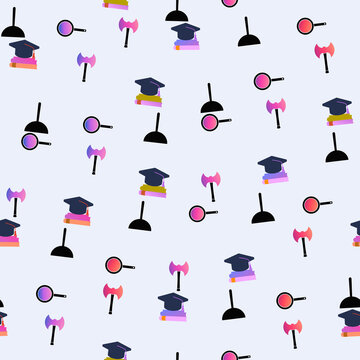 Pattern of graduation caps, axes, plungers, and magnifying glasses