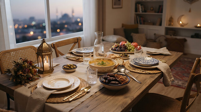 Warm and Inviting Iftar Meal Set on Wooden Table with Mosque View for Ramadan Celebration