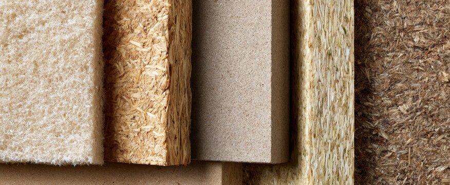 Assorted natural insulation fiber boards and straw panels texture closeup for sustainable construction material design and architecture background