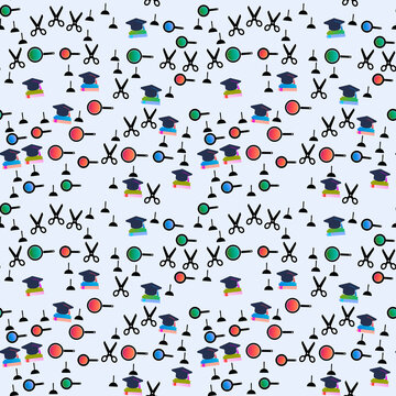 Seamless pattern of graduation caps, books, scissors, and magnifying