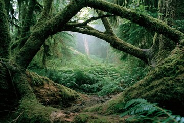 Fototapeta premium The Mossy Tree Arch Framing a Misty Forest Path Adventure